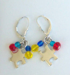 Autism Awareness Czech bead and Sterling Dangle Earrings