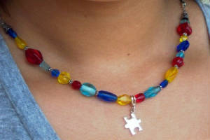 Beaded Autism Awareness adjustable necklace sterling leather 
